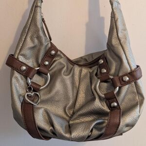 Vintage Y2K Metallic Silver & Brown Shoulder Hobo Bag with Heart Charm